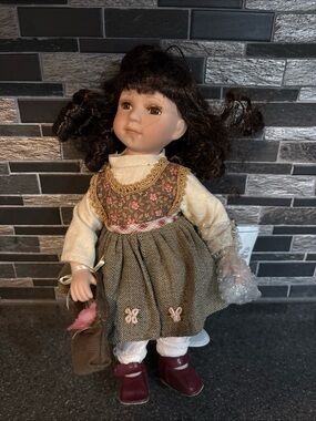 Duck House Heirloom Classic Porcelain Girl Doll in Brown Dress with Cream Blouse